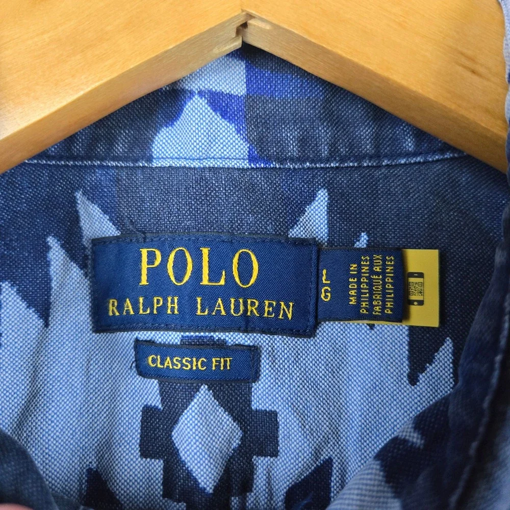 Polo Ralph Lauren Shirt Mens L Blue Indigo Southwestern Aztec Tribal Workwear